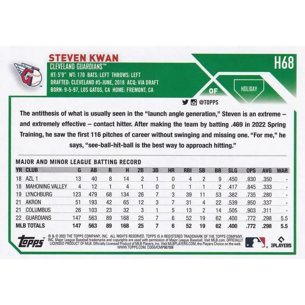 2023 Topps Holiday Steven Kwan ASR H68 Cleveland Guardians